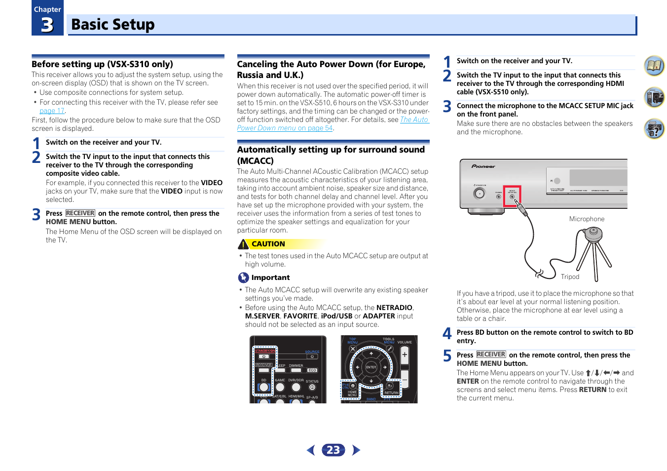 03 basic setup, Before setting up (vsx-s310 only), U.k.) | Automatically setting up for surround sound, Mcacc), Basic setup | Pioneer VSX-S510-S User Manual | Page 23 / 65