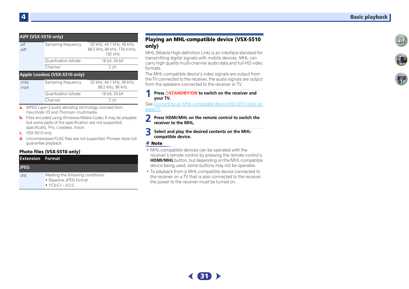 Playing an mhl-compatible device (vsx-s510 only) | Pioneer VSX-S510-S User Manual | Page 31 / 65