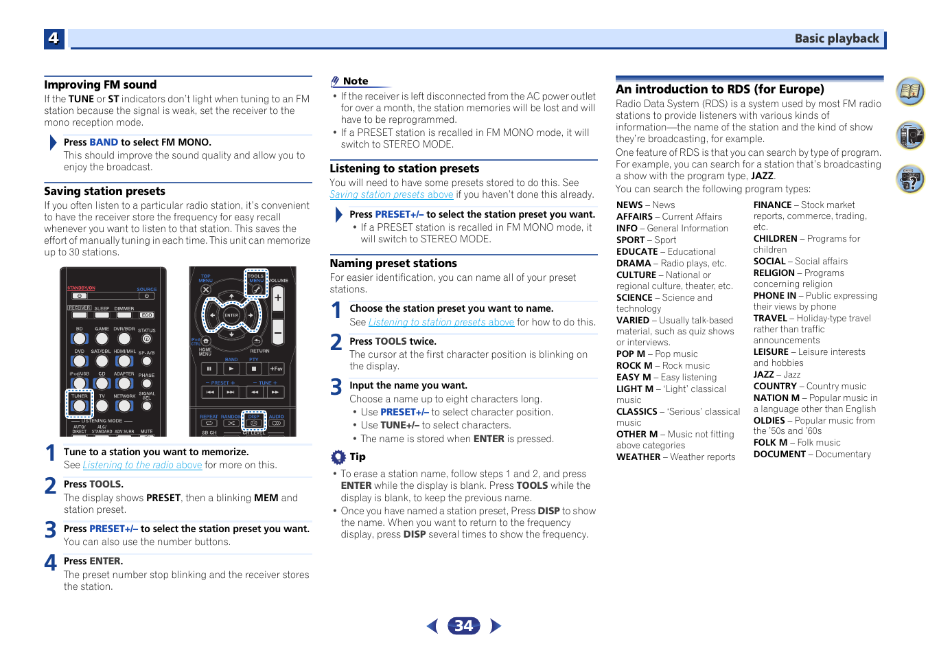 Improving fm sound, Saving station presets, Listening to station presets | Naming preset stations, An introduction to rds (for europe) | Pioneer VSX-S510-S User Manual | Page 34 / 65