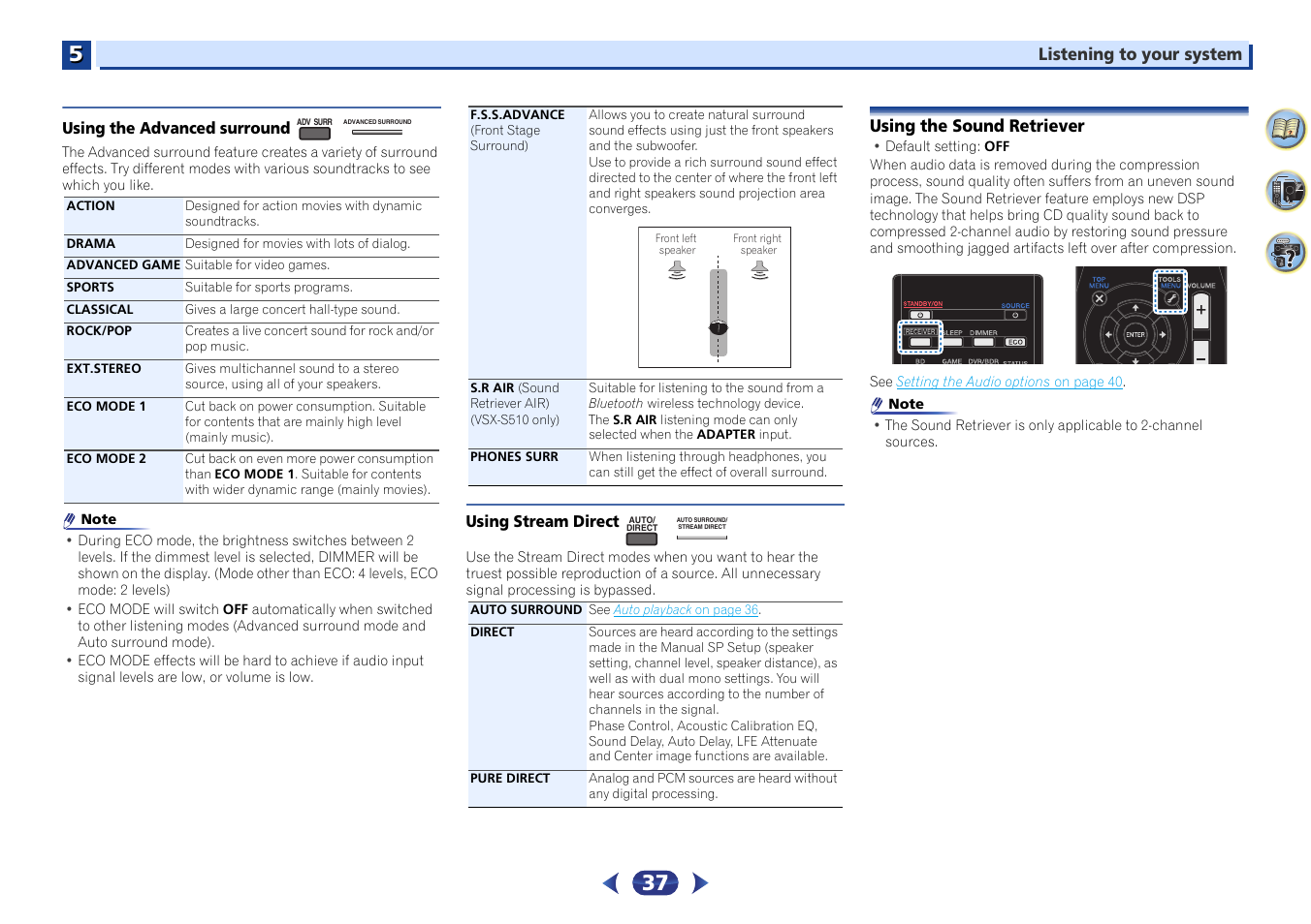 Using the advanced surround, Using stream direct, Using the sound retriever | Pioneer VSX-S510-S User Manual | Page 37 / 65
