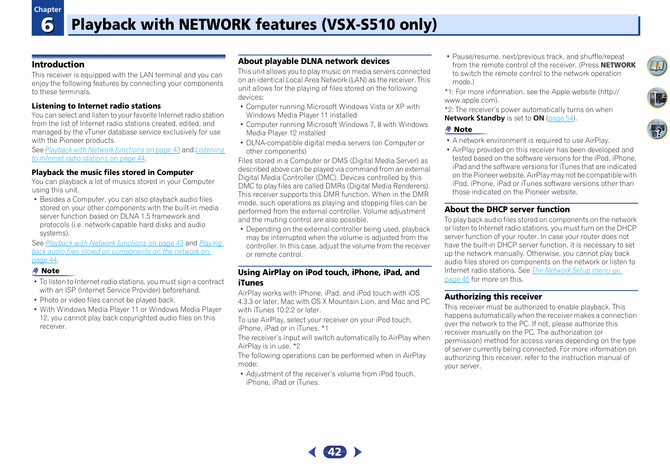 06 playback with network features (vsx-s510 only), Introduction, About playable dlna network devices | Using airplay on ipod touch, iphone, ipad, and, Itunes, About the dhcp server function, Authorizing this receiver, Playback with network features (vsx-s510 only) | Pioneer VSX-S510-S User Manual | Page 42 / 65