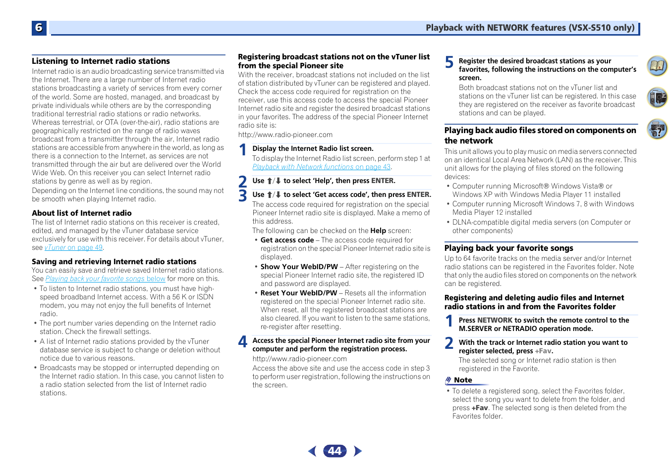 Listening to internet radio stations, Network, Playing back your favorite songs | Pioneer VSX-S510-S User Manual | Page 44 / 65