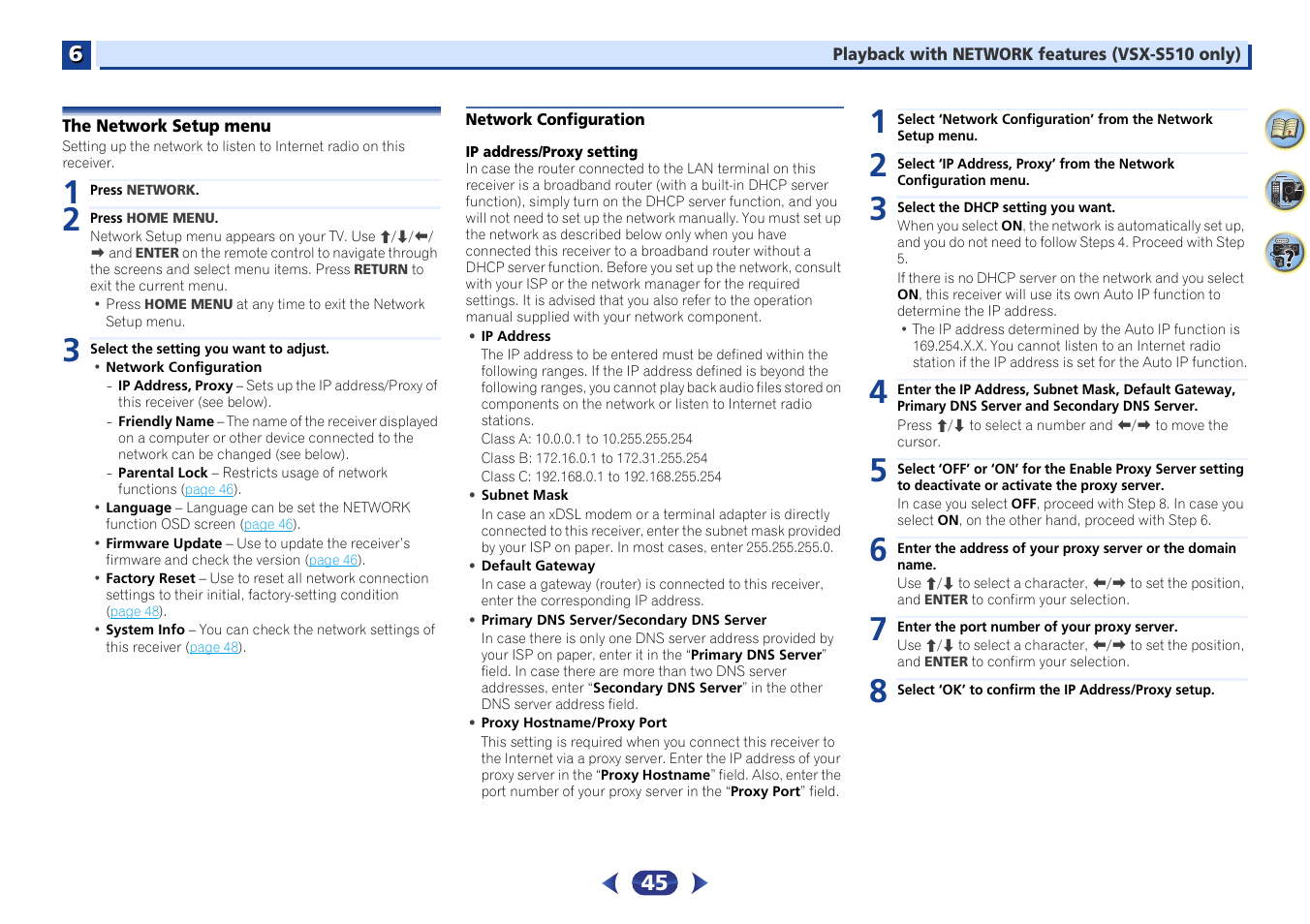 The network setup menu, Network configuration | Pioneer VSX-S510-S User Manual | Page 45 / 65