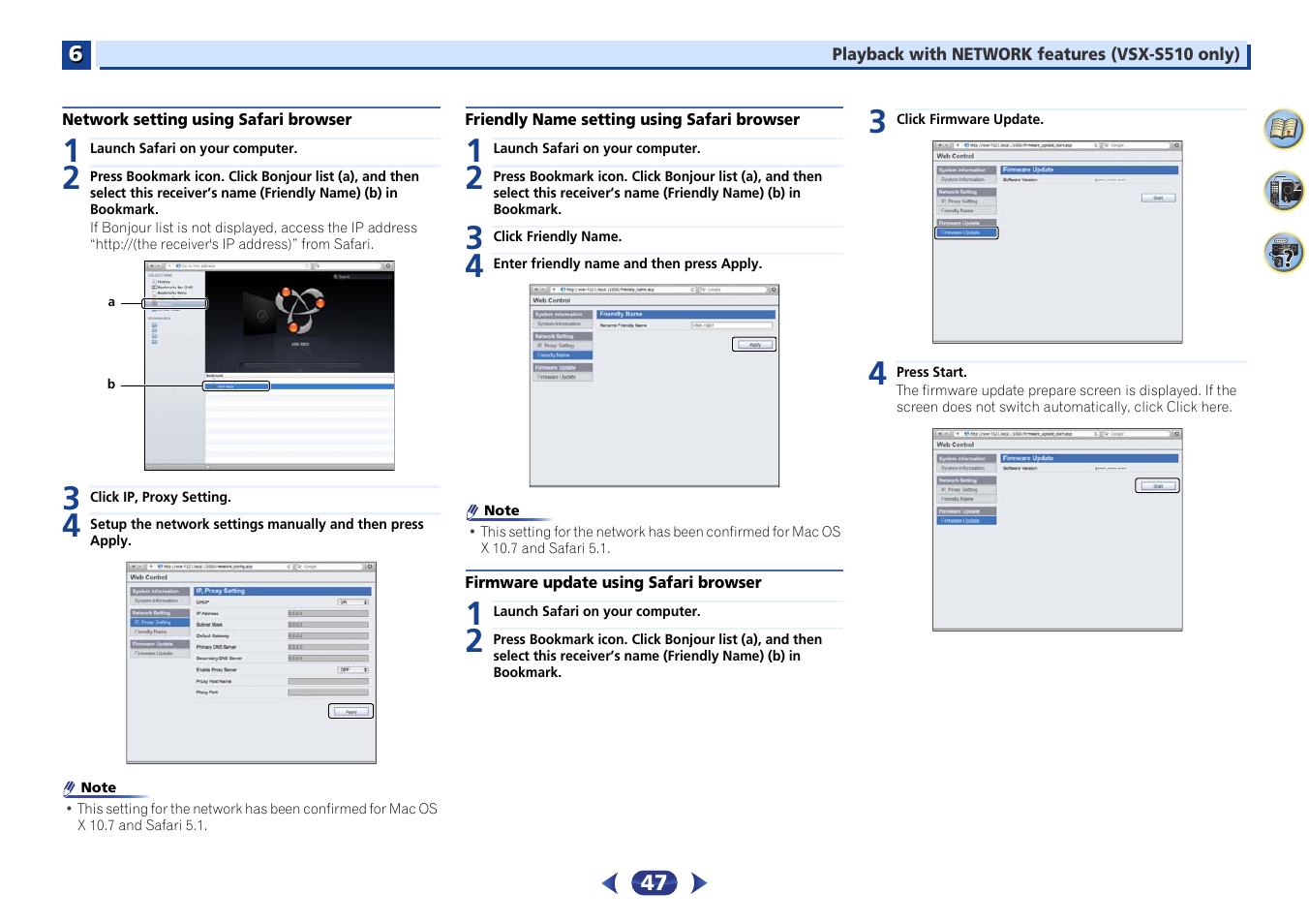 Network setting using safari browser, Friendly name setting using safari browser, Firmware update using safari browser | Pioneer VSX-S510-S User Manual | Page 47 / 65