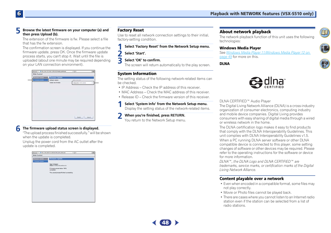 Factory reset, System information, About network playback | Content playable over a network | Pioneer VSX-S510-S User Manual | Page 48 / 65