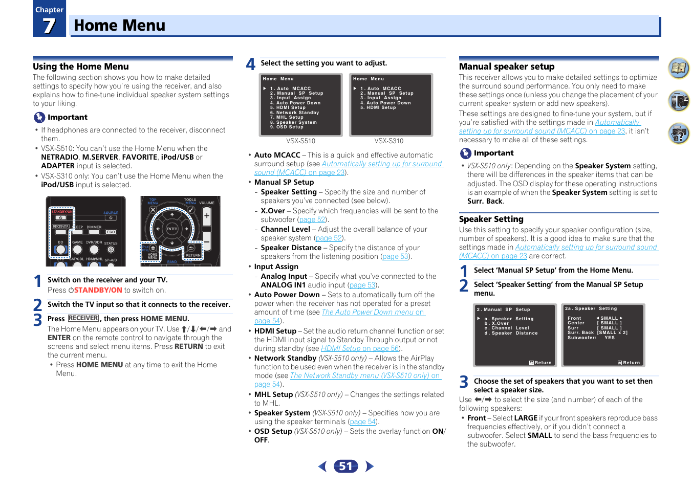 07 home menu, Using the home menu, Manual speaker setup | Speaker setting, Home menu | Pioneer VSX-S510-S User Manual | Page 51 / 65