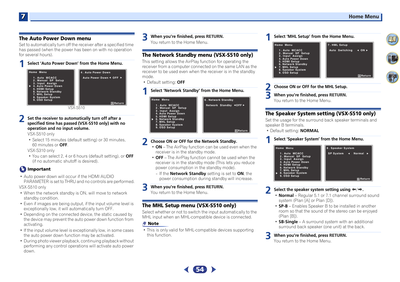The auto power down menu, The network standby menu (vsx-s510 only), The mhl setup menu (vsx-s510 only) | The speaker system setting (vsx-s510 only) | Pioneer VSX-S510-S User Manual | Page 54 / 65