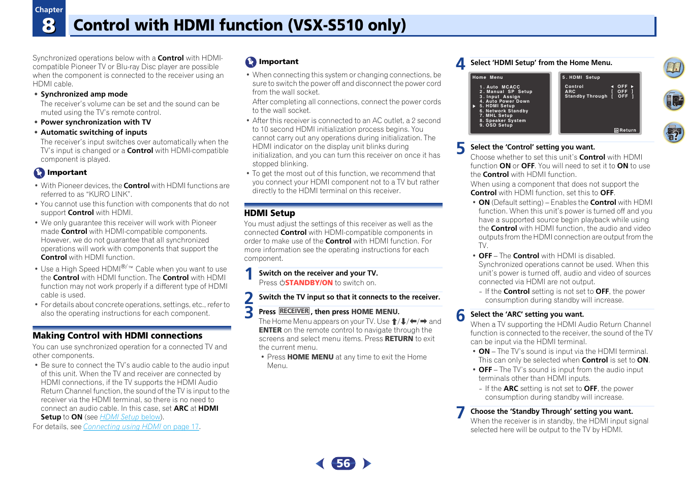 08 control with hdmi function (vsx-s510 only), Making control with hdmi connections, Hdmi setup | Control with hdmi function (vsx-s510 only) | Pioneer VSX-S510-S User Manual | Page 56 / 65