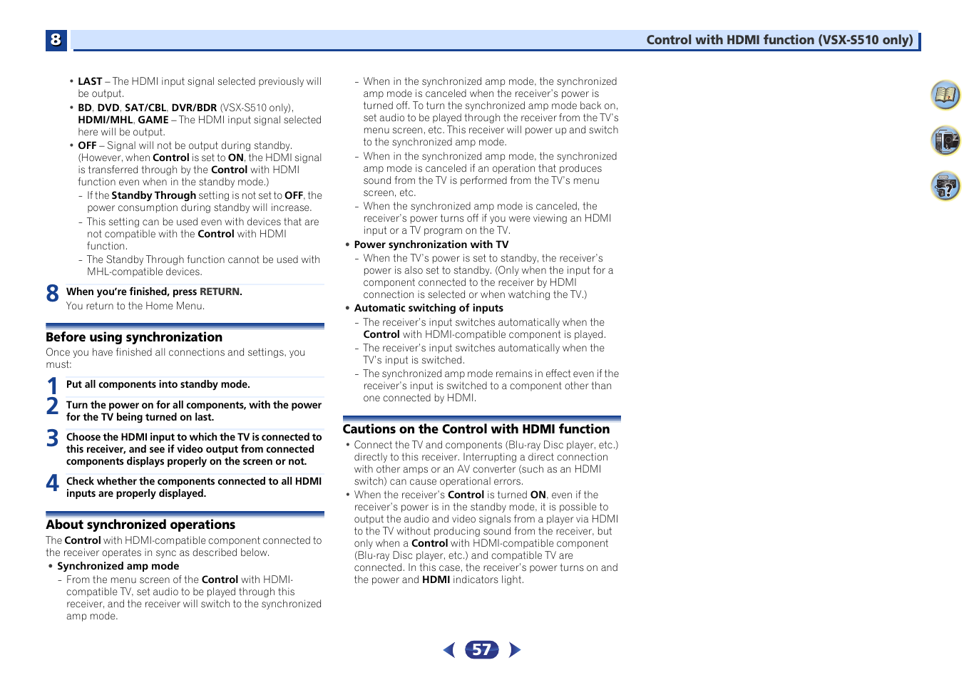Before using synchronization, About synchronized operations, Cautions on the control with hdmi function | Pioneer VSX-S510-S User Manual | Page 57 / 65