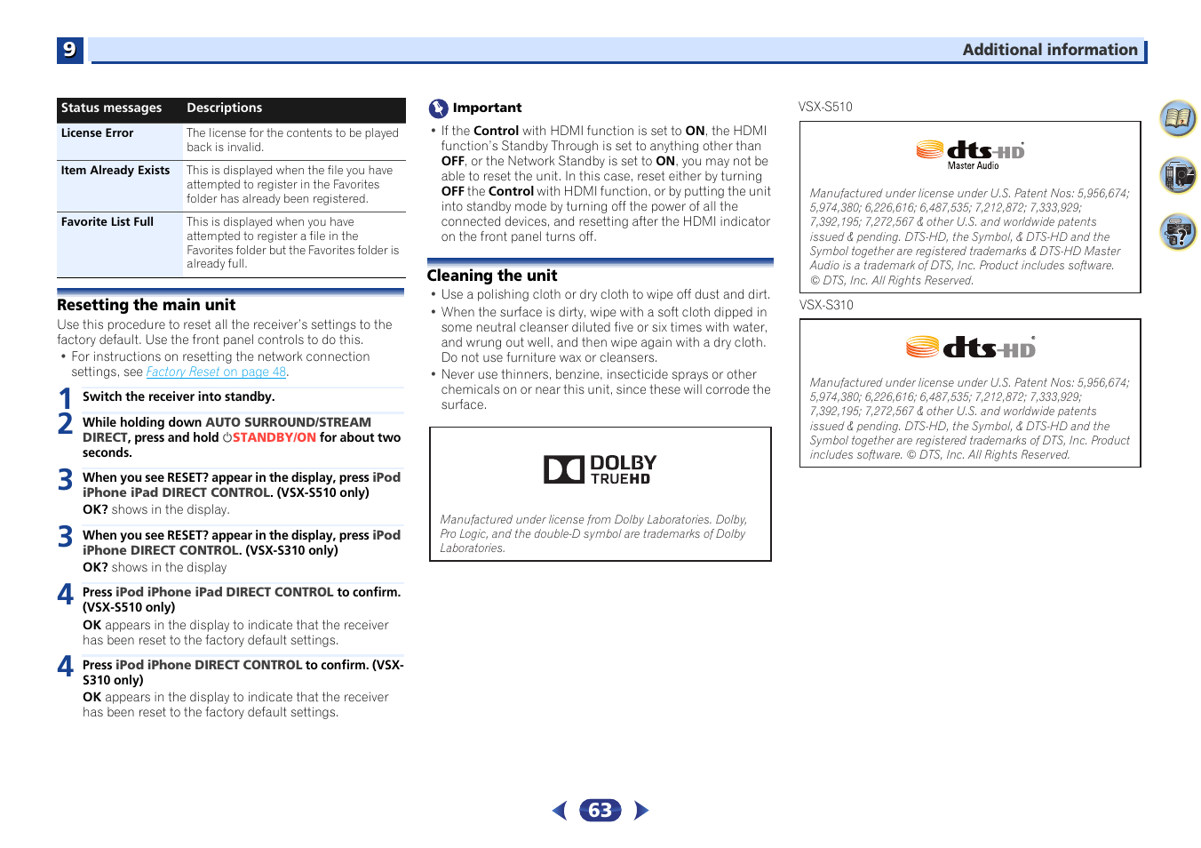 Resetting the main unit, Cleaning the unit | Pioneer VSX-S510-S User Manual | Page 63 / 65