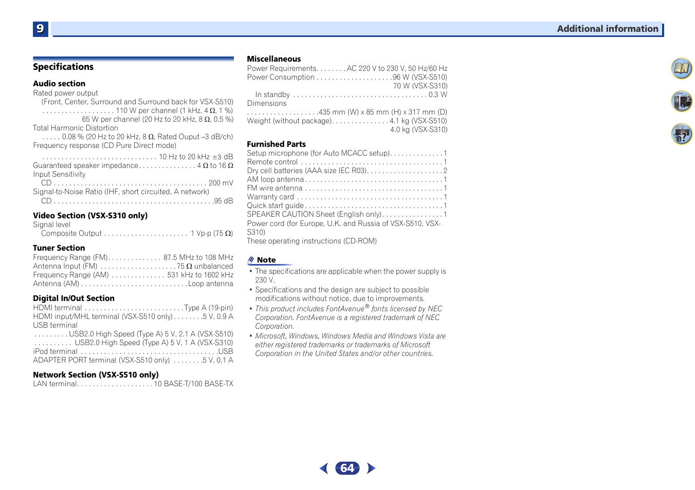 Specifications | Pioneer VSX-S510-S User Manual | Page 64 / 65