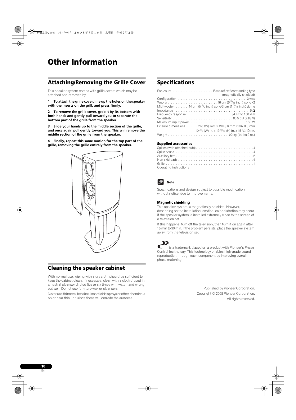 Attaching/removing the grille cover, Cleaning the speaker cabinet, Specifications | Other information | Pioneer S-4EX-W User Manual | Page 10 / 132