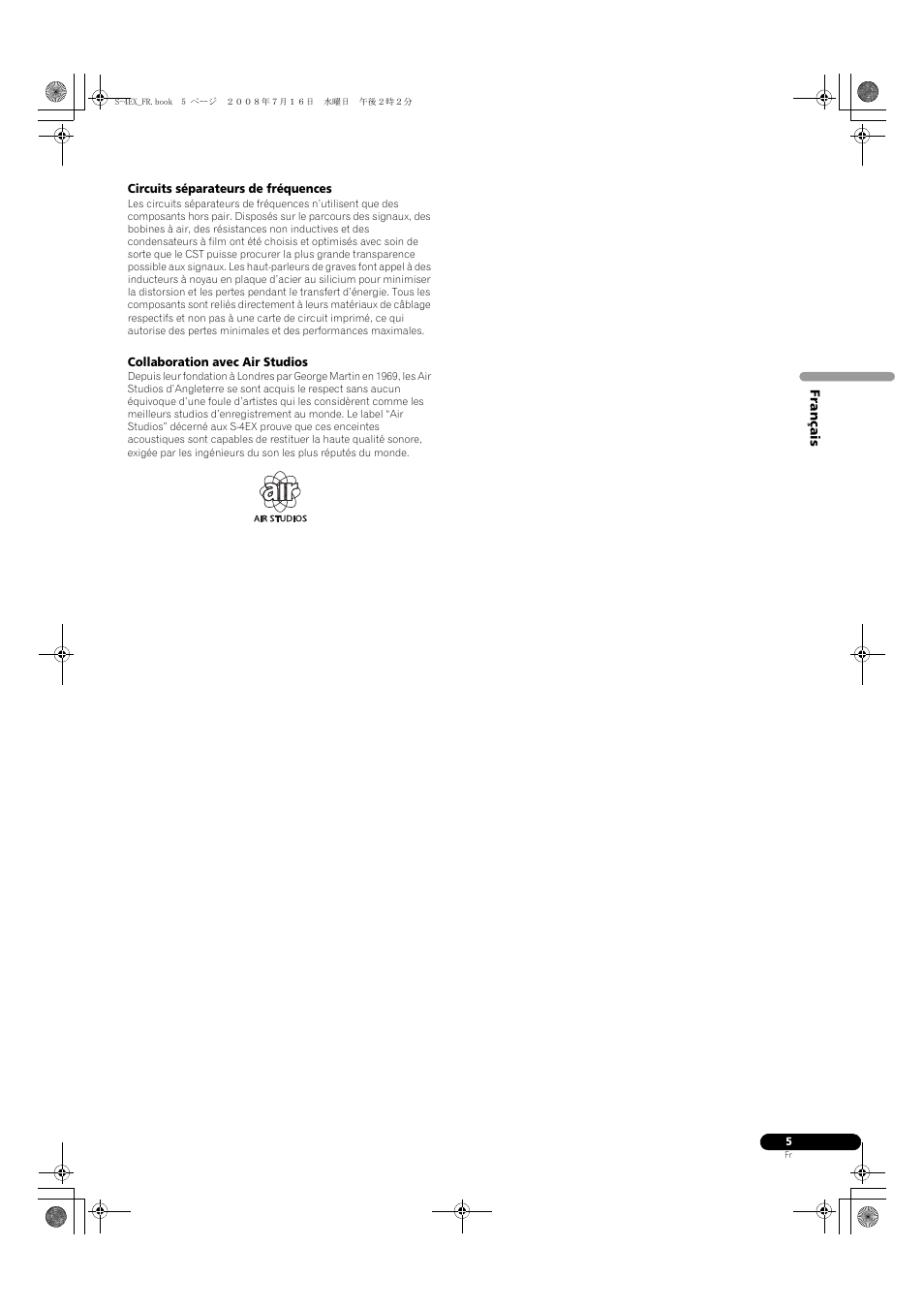 Circuits séparateurs de fréquences, Collaboration avec air studios | Pioneer S-4EX-W User Manual | Page 15 / 132