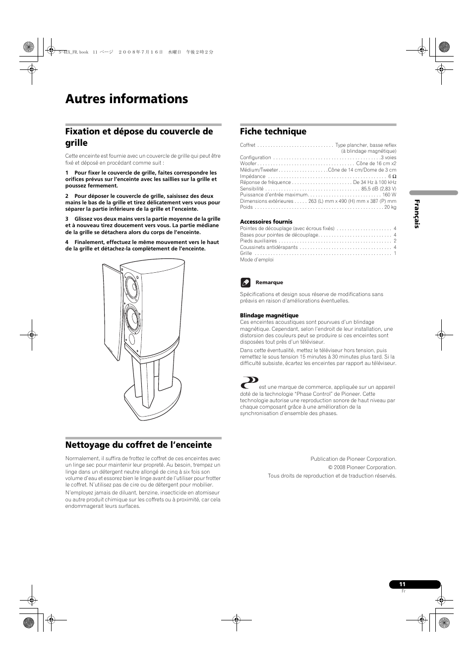 Fixation et dépose du couvercle de grille, Nettoyage du coffret de l’enceinte, Fiche technique | Autres informations | Pioneer S-4EX-W User Manual | Page 21 / 132