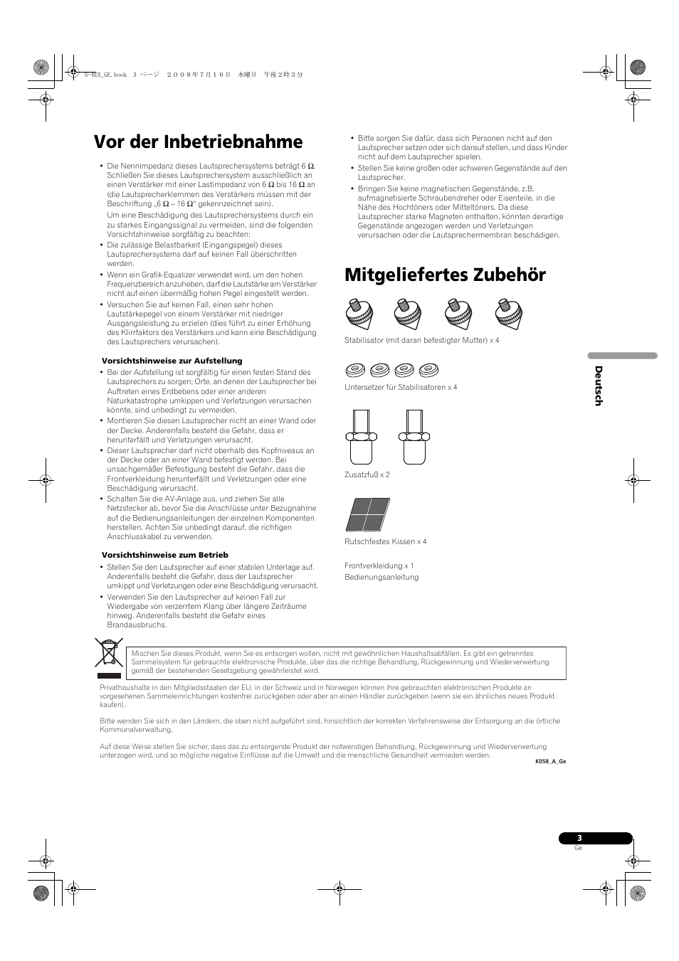 Vor der inbetriebnahme, Mitgeliefertes zubehör | Pioneer S-4EX-W User Manual | Page 23 / 132
