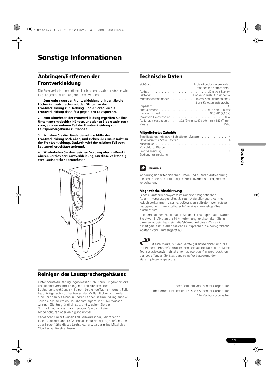 Anbringen/entfernen der frontverkleidung, Reinigen des lautsprechergehäuses, Technische daten | Sonstige informationen | Pioneer S-4EX-W User Manual | Page 31 / 132