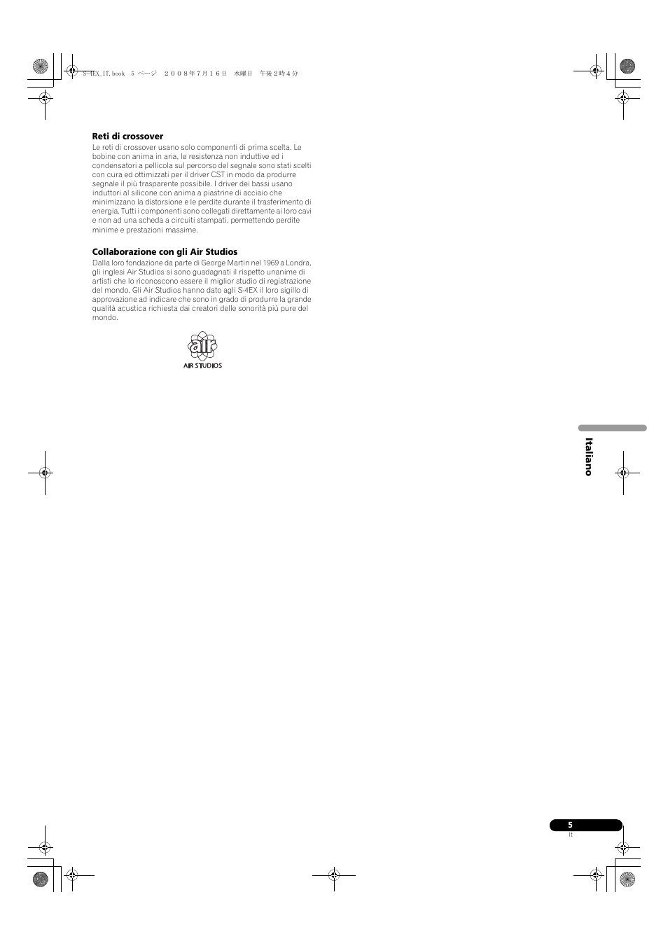 Reti di crossover, Collaborazione con gli air studios | Pioneer S-4EX-W User Manual | Page 35 / 132