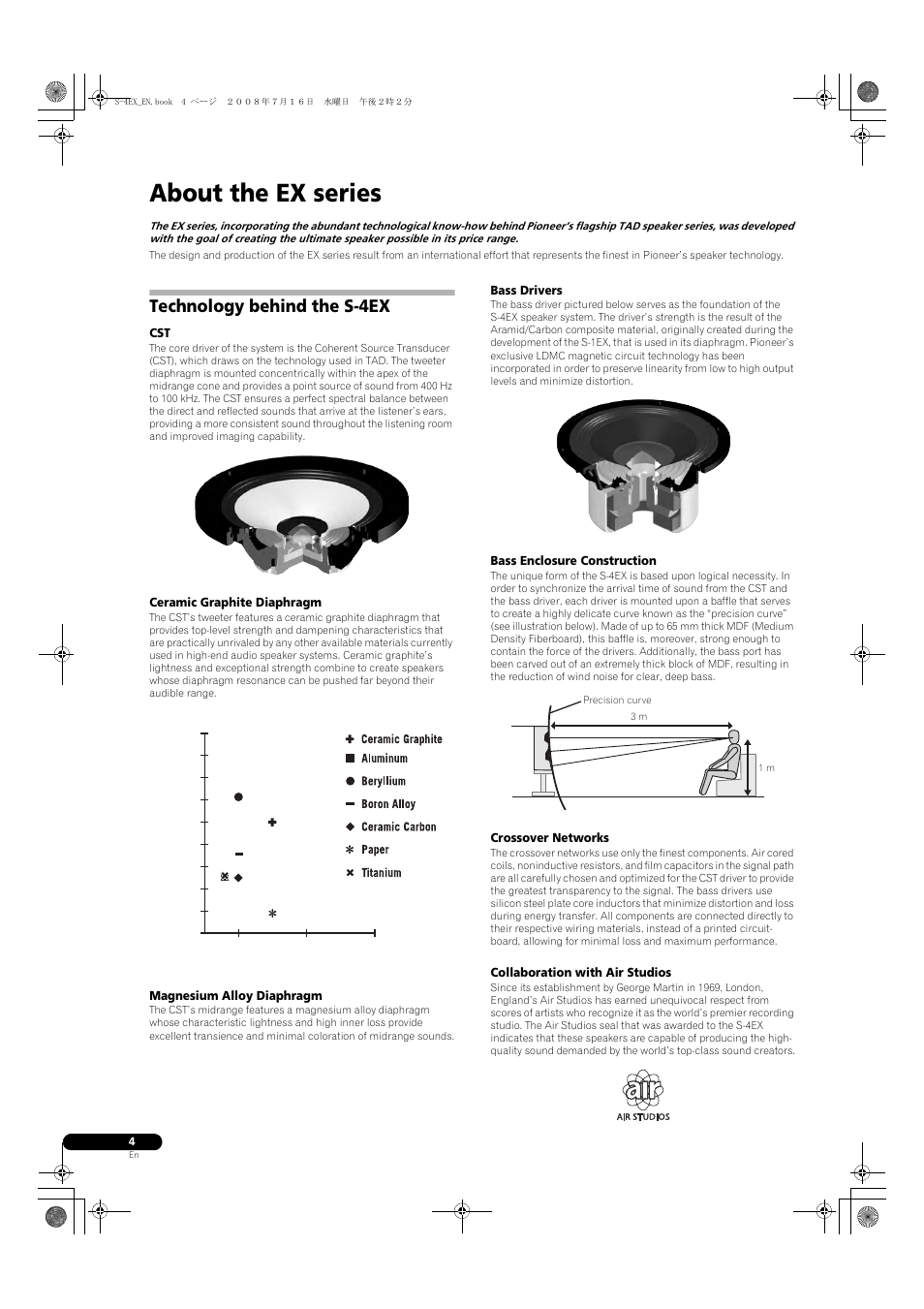 Technology behind the s-4ex, Ceramic graphite diaphragm, Magnesium alloy diaphragm | Bass drivers, Bass enclosure construction, Crossover networks, Collaboration with air studios, About the ex series | Pioneer S-4EX-W User Manual | Page 4 / 132