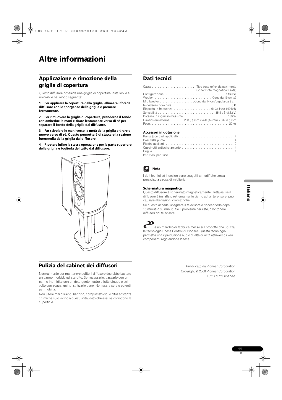 Pulizia del cabinet dei diffusori, Dati tecnici, Altre informazioni | Pioneer S-4EX-W User Manual | Page 41 / 132