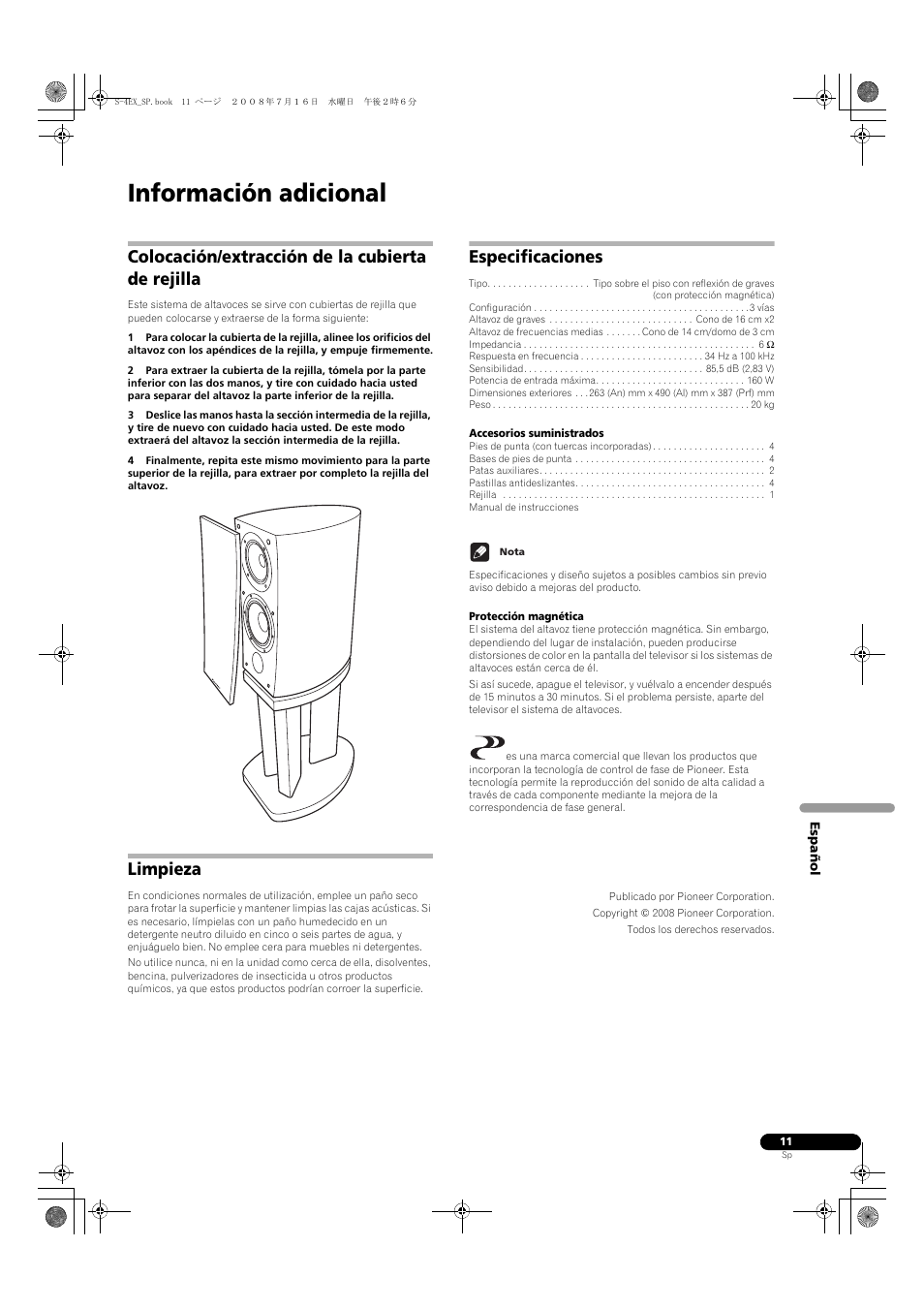 Colocación/extracción de la cubierta de rejilla, Limpieza, Especificaciones | Información adicional | Pioneer S-4EX-W User Manual | Page 61 / 132