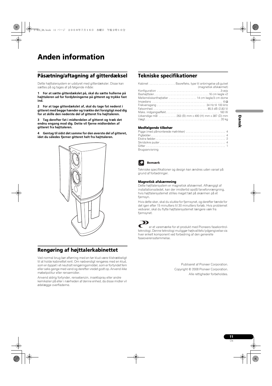 Påsætning/aftagning af gitterdæksel, Rengøring af højttalerkabinettet, Tekniske specifikationer | Anden information | Pioneer S-4EX-W User Manual | Page 91 / 132