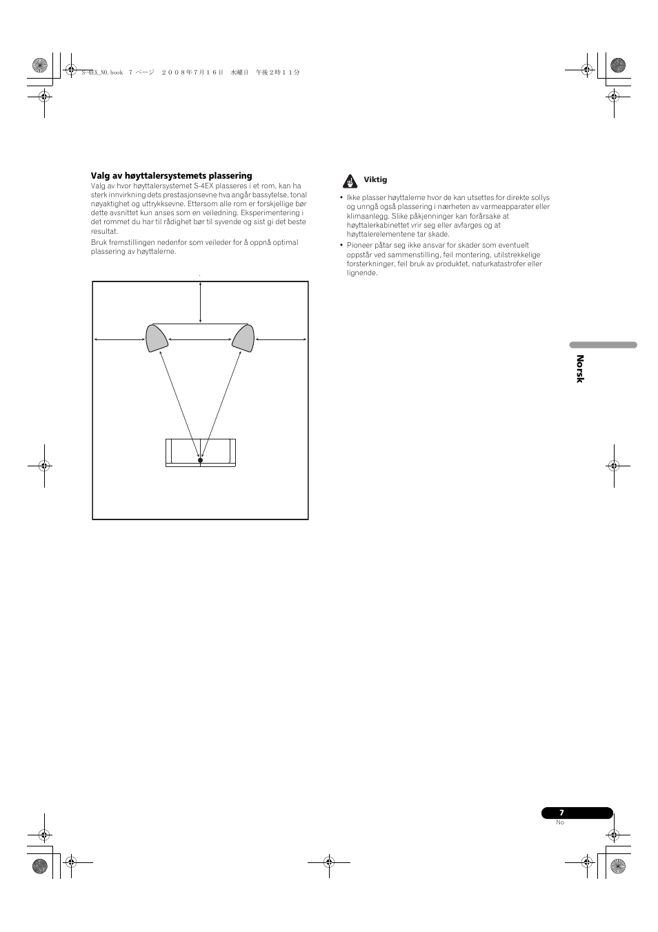 Valg av høyttalersystemets plassering | Pioneer S-4EX-W User Manual | Page 97 / 132