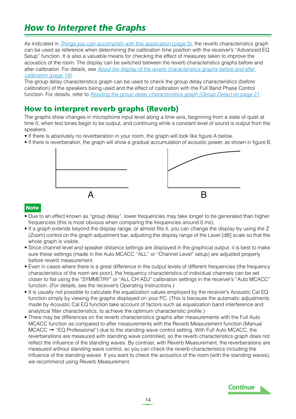 How to interpret the graphs, How to interpret reverb graphs (reverb), Continue | Pioneer VSX-921 User Manual | Page 14 / 27