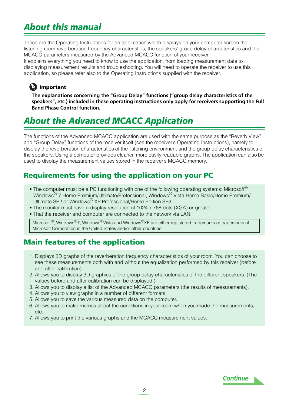 About this manual, About the advanced mcacc application, Requirements for using the application on your pc | Main features of the application, Continue | Pioneer VSX-921 User Manual | Page 2 / 27