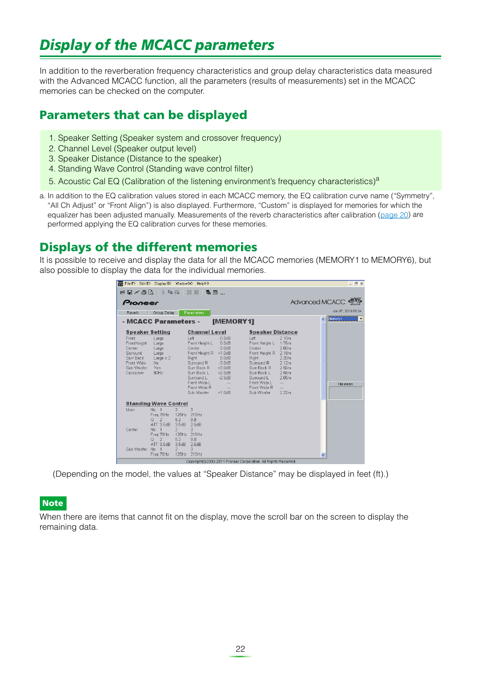 Display of the mcacc parameters, Parameters that can be displayed, Displays of the different memories | Pioneer VSX-921 User Manual | Page 22 / 27