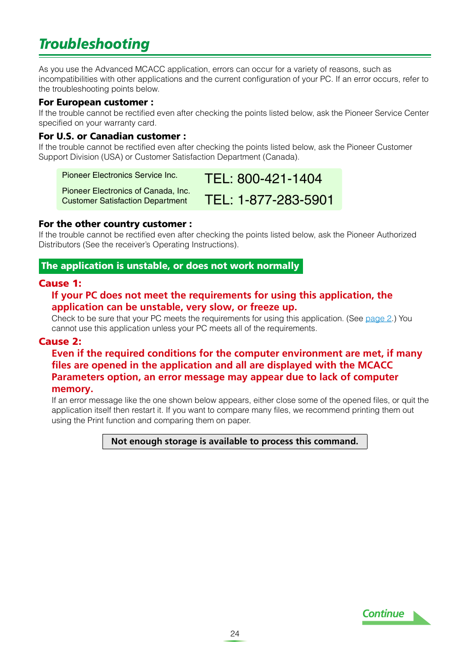 Troubleshooting, Continue | Pioneer VSX-921 User Manual | Page 24 / 27