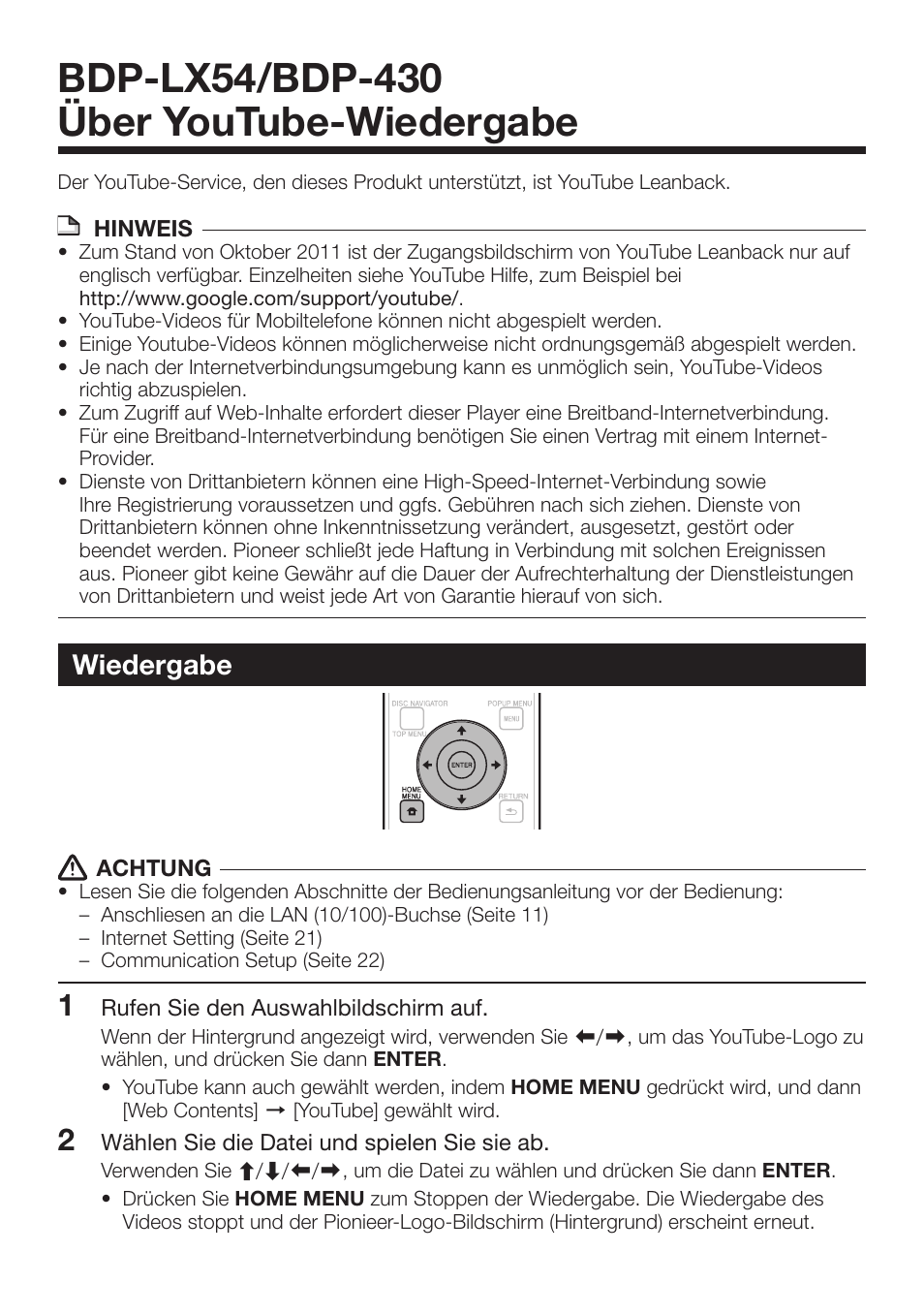 Wiedergabe | Pioneer BDP-LX54 User Manual | Page 3 / 7