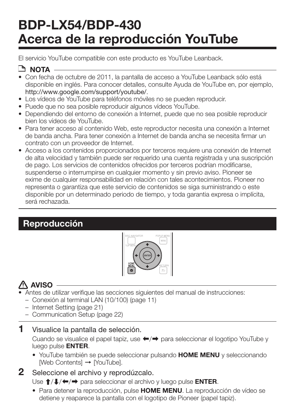 Reproducción | Pioneer BDP-LX54 User Manual | Page 6 / 7