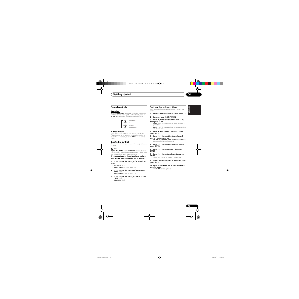 Sound controls, Equaliser, P.bass control | Bass/treble control, Setting the wake-up timer | Pioneer X-CM31-R User Manual | Page 13 / 34