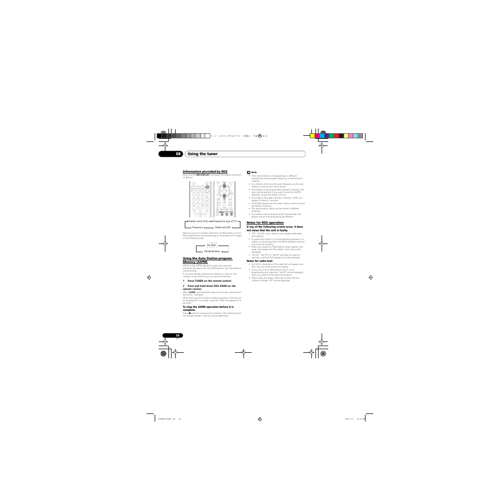 Information provided by rds, Using the auto station program memory (aspm), Notes for rds operation | Clear repeat, Using the tuner 08 | Pioneer X-CM31-R User Manual | Page 26 / 34