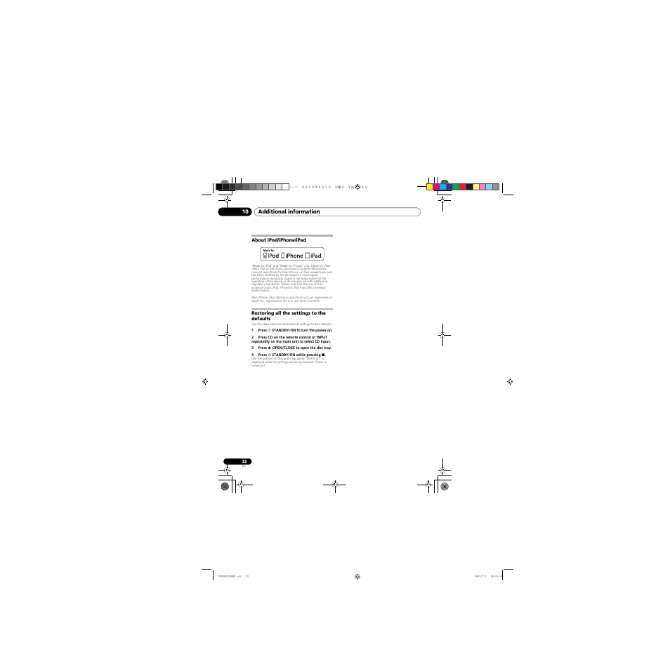 About ipod/iphone/ipad, Restoring all the settings to the defaults | Pioneer X-CM31-R User Manual | Page 32 / 34