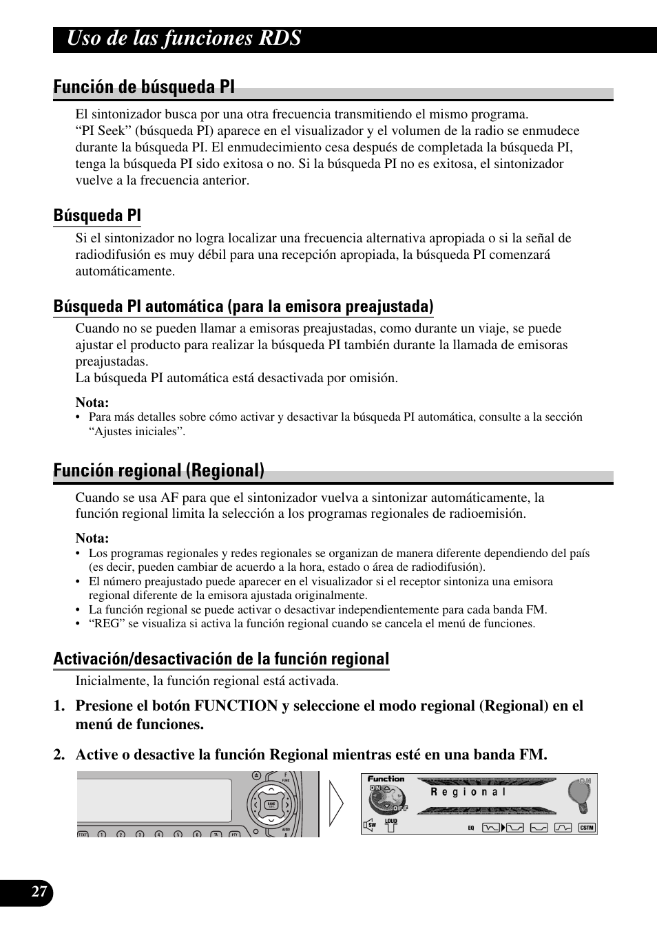 Función de búsqueda pi, Búsqueda pi, Función regional (regional) | Activación/desactivación de la función regional, Uso de las funciones rds | Pioneer DEH-P90DAB User Manual | Page 100 / 148