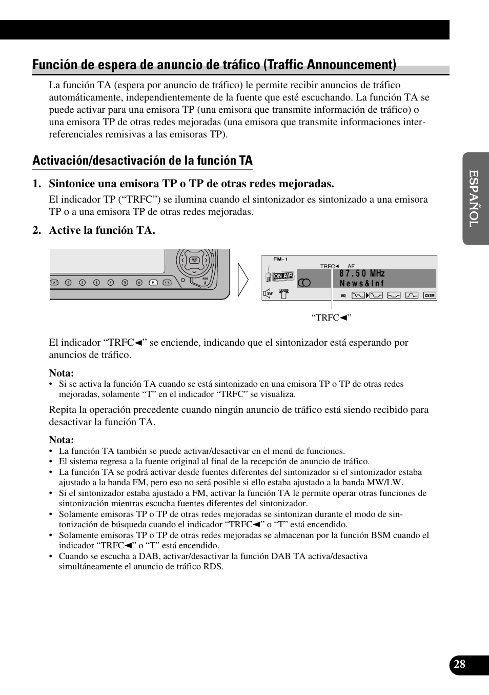 Función de espera de anuncio de tráfico, Traffic announcement), Activación/desactivación de la función ta | Pioneer DEH-P90DAB User Manual | Page 101 / 148