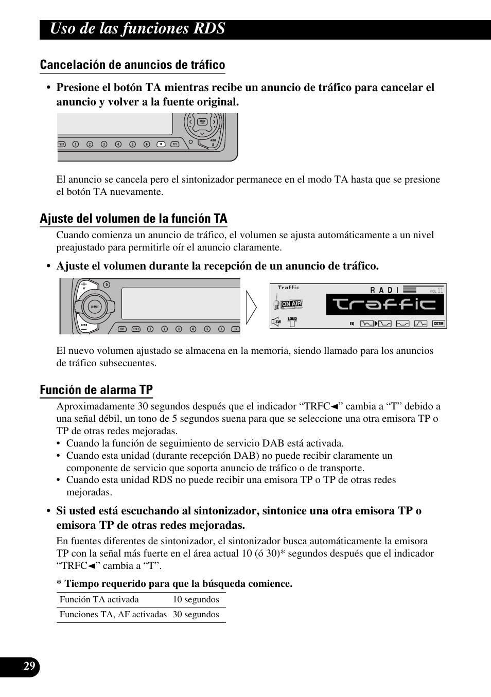 Cancelación de anuncios de tráfico, Ajuste del volumen de la función ta, Función de alarma tp | Uso de las funciones rds | Pioneer DEH-P90DAB User Manual | Page 102 / 148