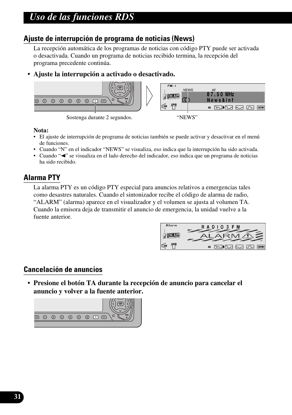 Alarma pty, Cancelación de anuncios, Uso de las funciones rds | Pioneer DEH-P90DAB User Manual | Page 104 / 148