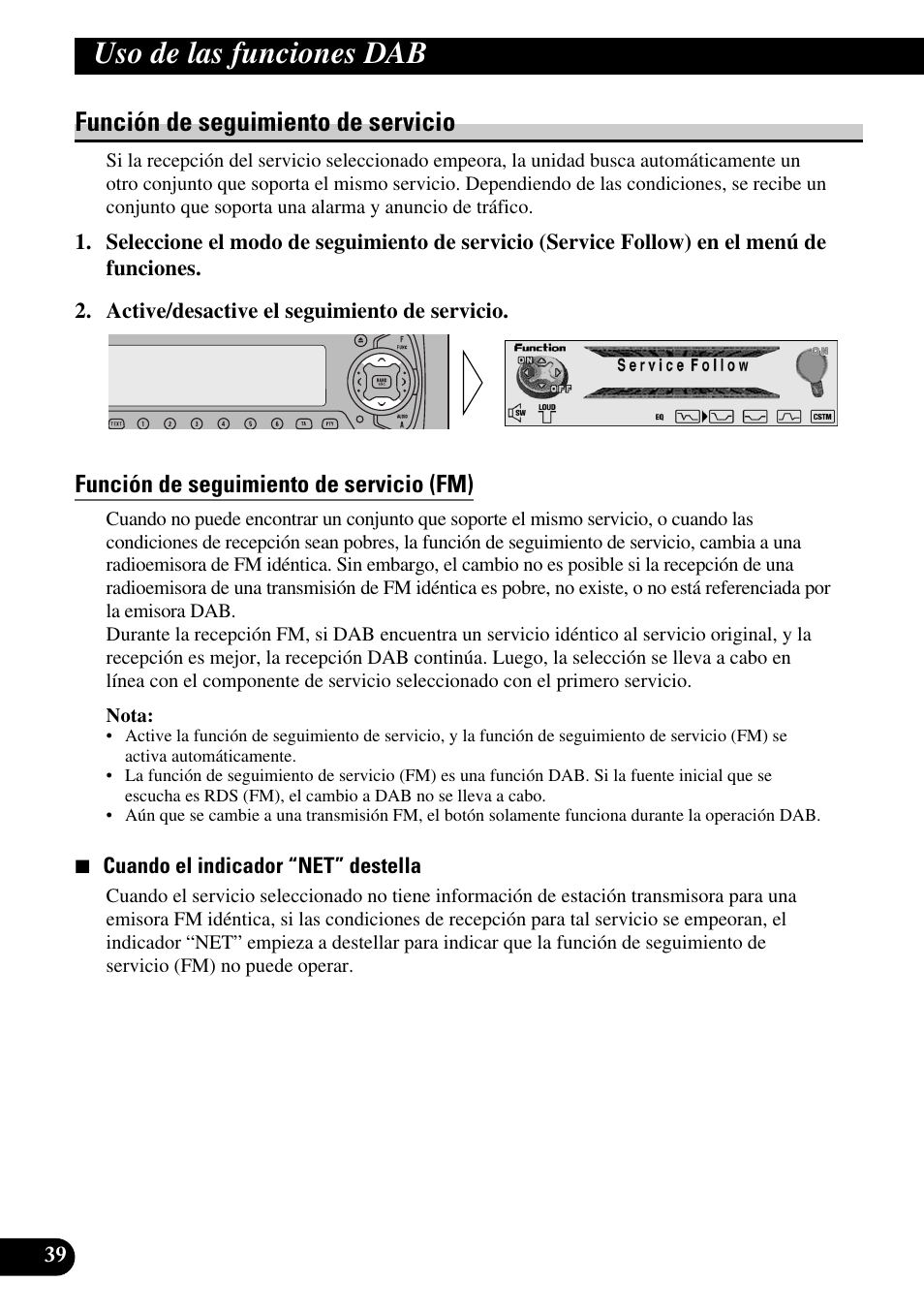 Función de seguimiento de servicio, Función de seguimiento de servicio (fm), Uso de las funciones dab | Pioneer DEH-P90DAB User Manual | Page 112 / 148