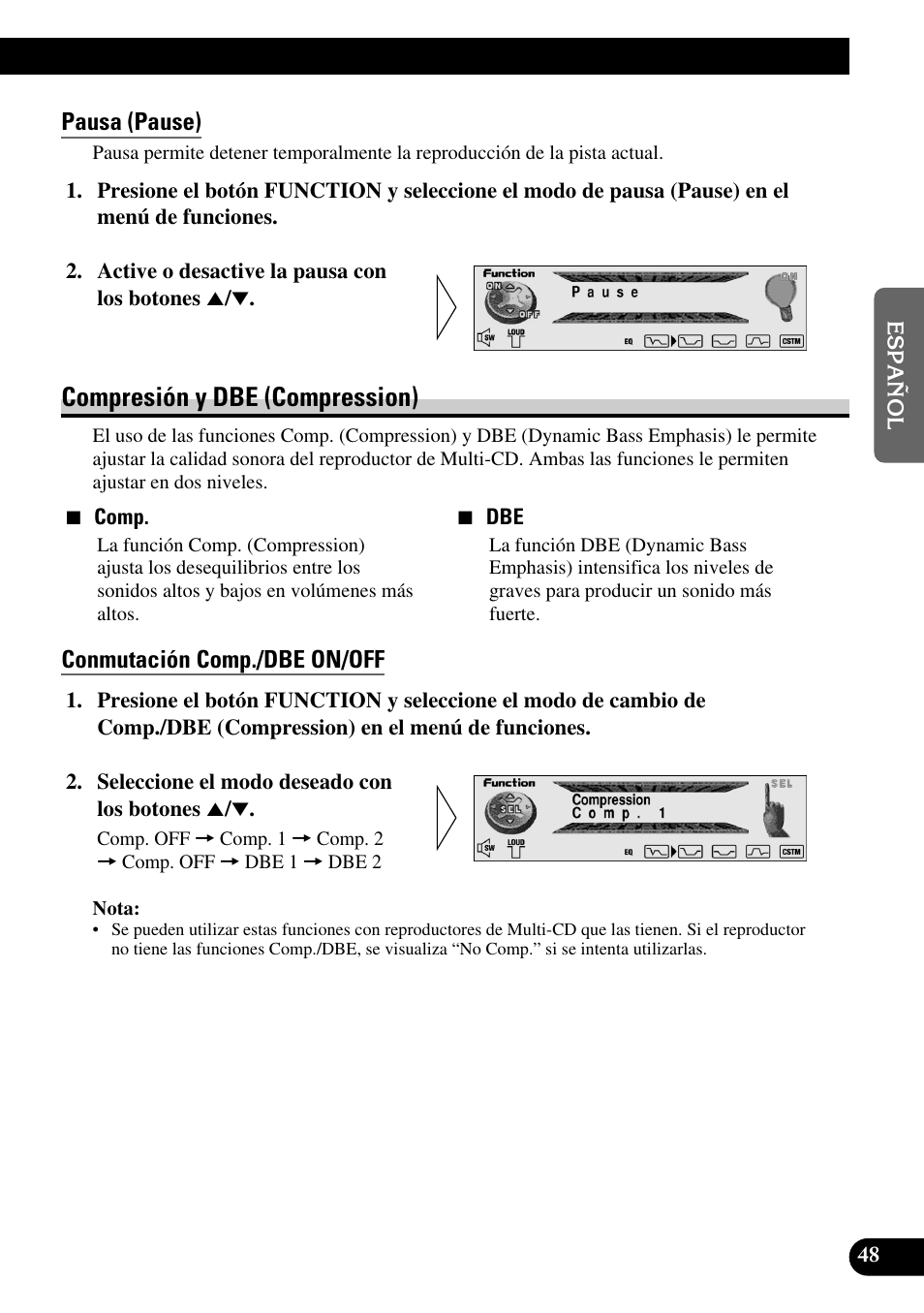 Pausa (pause), Compresión y dbe (compression), Conmutación comp./dbe on/off | Pioneer DEH-P90DAB User Manual | Page 121 / 148