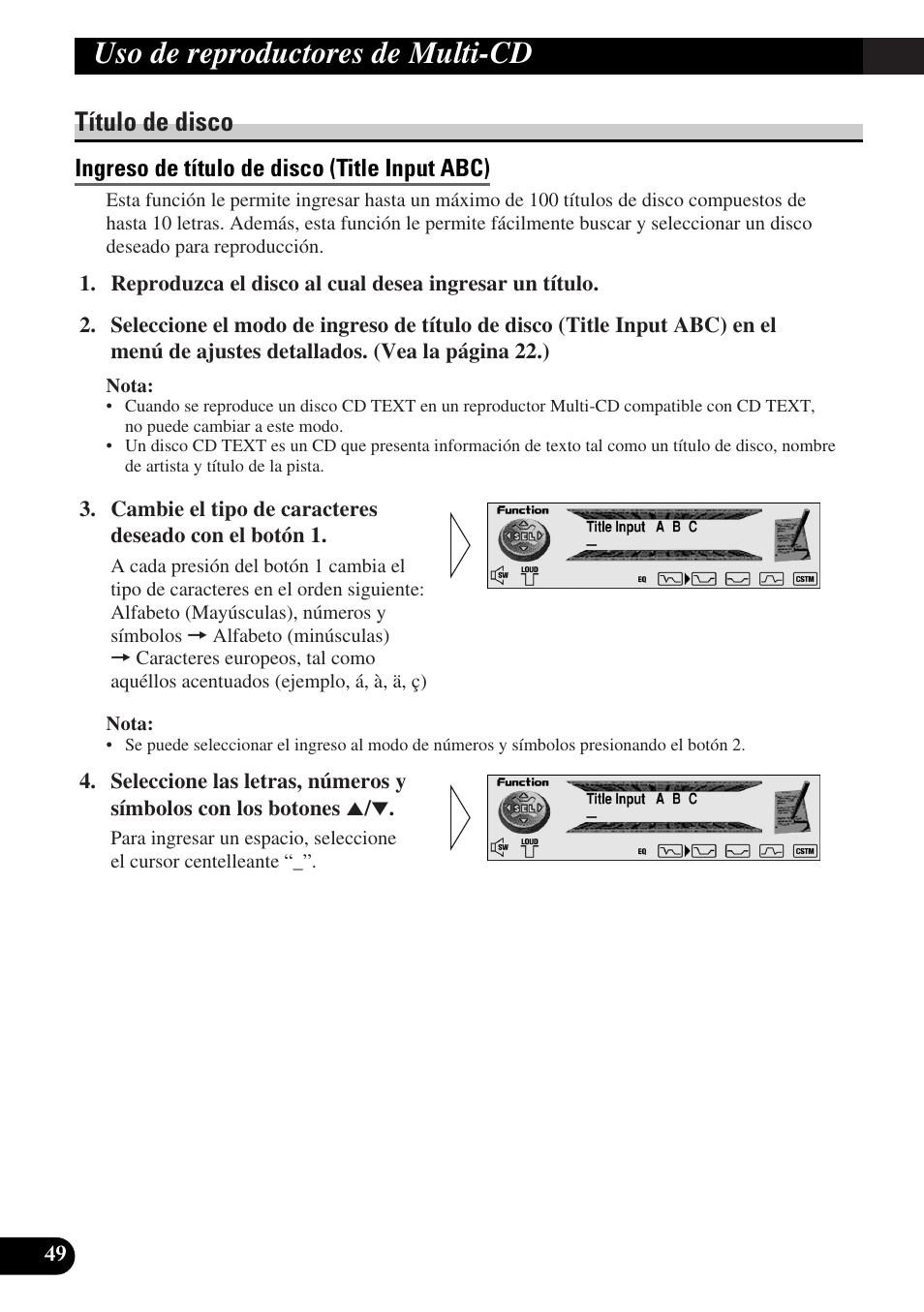 Título de disco, Ingreso de título de disco (title input abc), Uso de reproductores de multi-cd | Pioneer DEH-P90DAB User Manual | Page 122 / 148