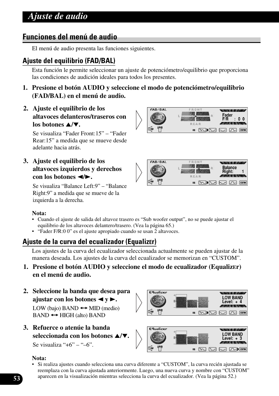 Funciones del menú de audio, Ajuste del equilibrio (fad/bal), Ajuste de la curva del ecualizador (equaliz | Ajuste de audio | Pioneer DEH-P90DAB User Manual | Page 126 / 148
