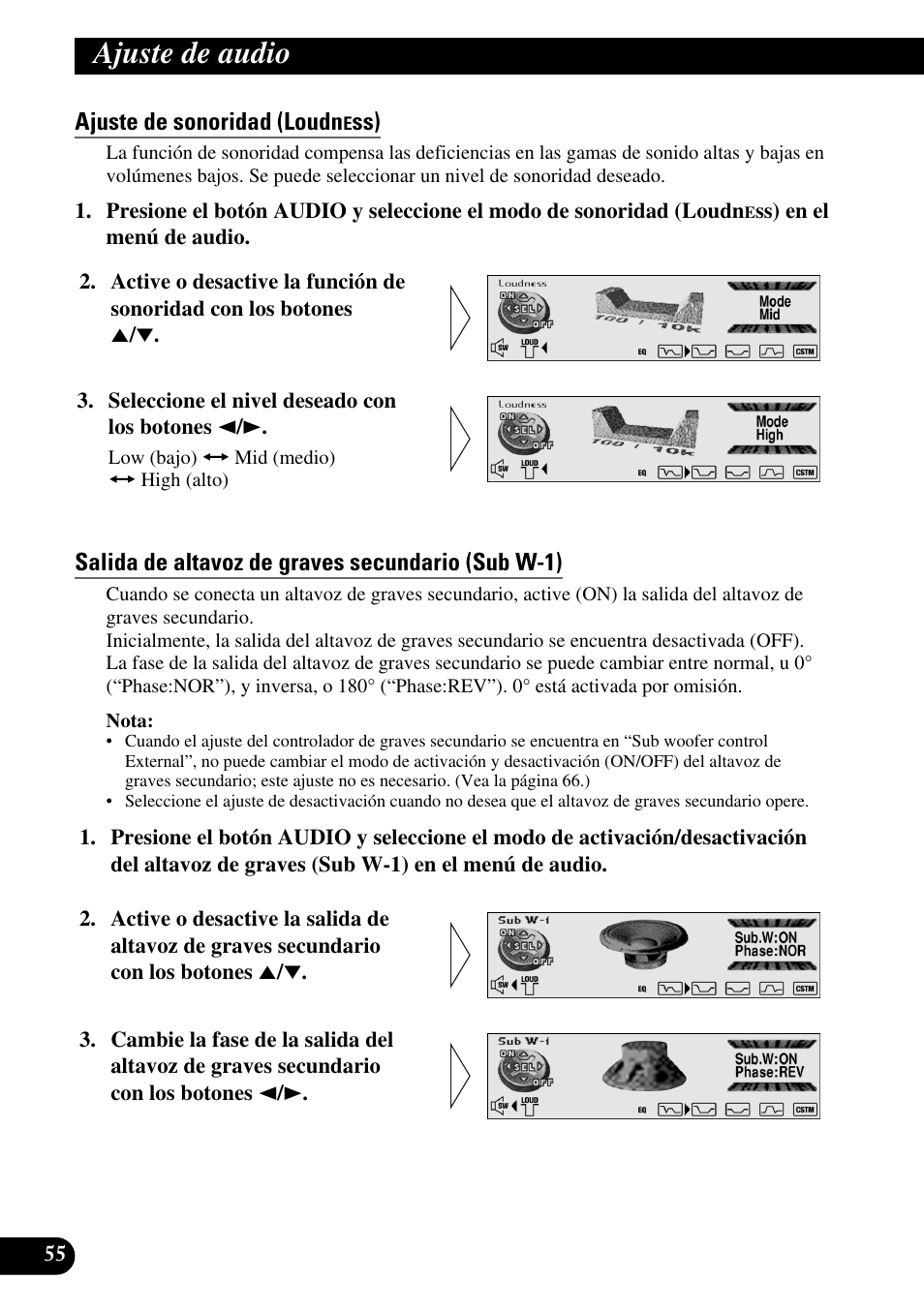 Ajuste de sonoridad (loudn, Salida de altavoz de graves secundario (sub w-1), Ajuste de audio | Pioneer DEH-P90DAB User Manual | Page 128 / 148