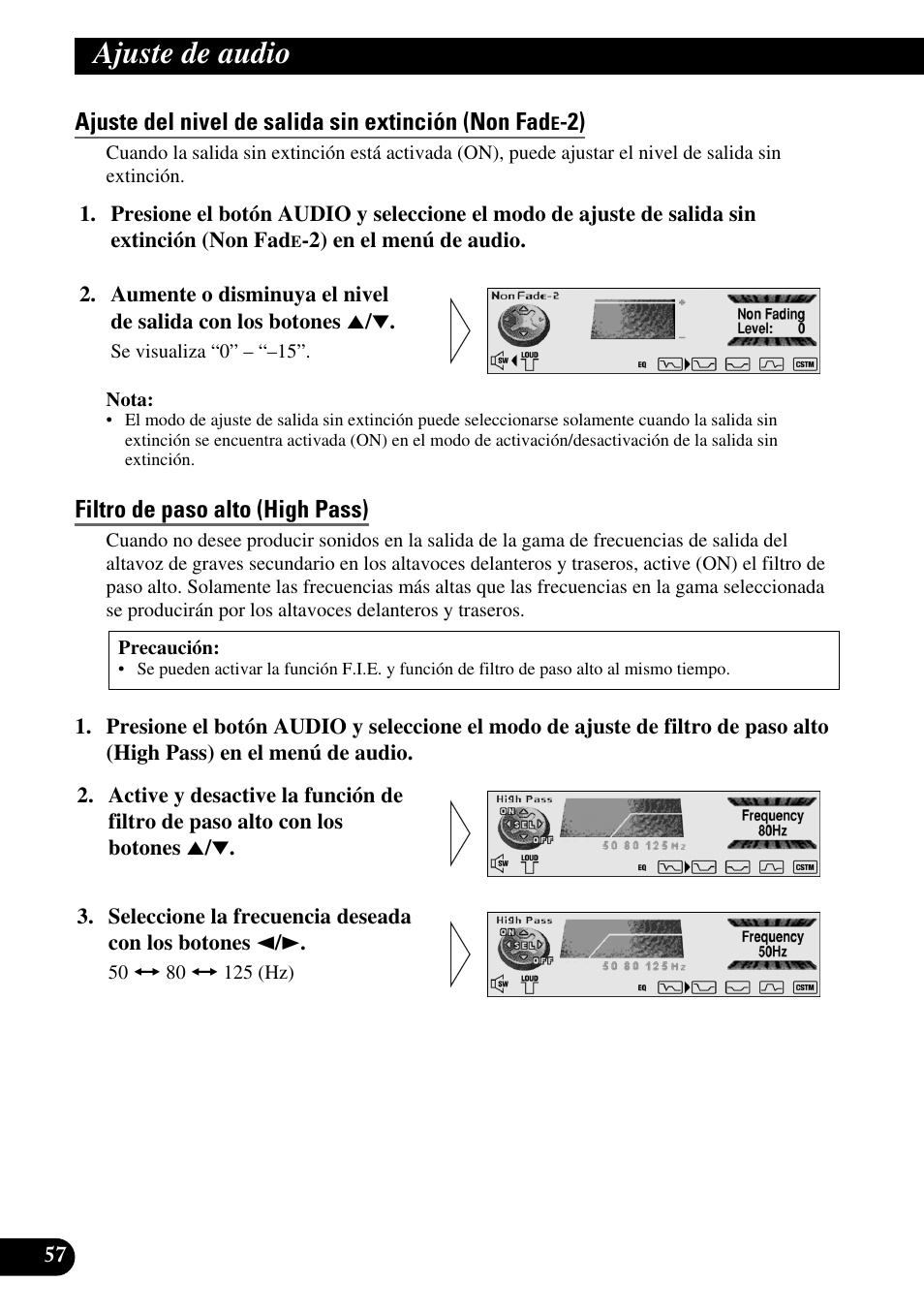 Ajuste del nivel de salida sin extinción (non fad, Filtro de paso alto (high pass), Ajuste de audio | Pioneer DEH-P90DAB User Manual | Page 130 / 148