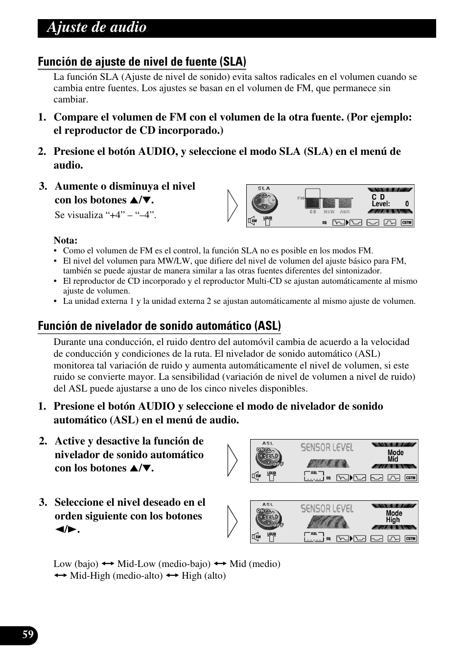 Función de ajuste de nivel de fuente (sla), Función de nivelador de sonido automático (asl), Ajuste de audio | Pioneer DEH-P90DAB User Manual | Page 132 / 148