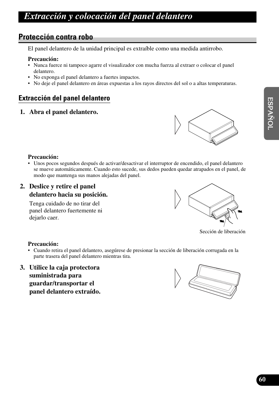 Extracción y colocación del panel, Delantero, Protección contra robo | Extracción del panel delantero, Extracción y colocación del panel delantero | Pioneer DEH-P90DAB User Manual | Page 133 / 148