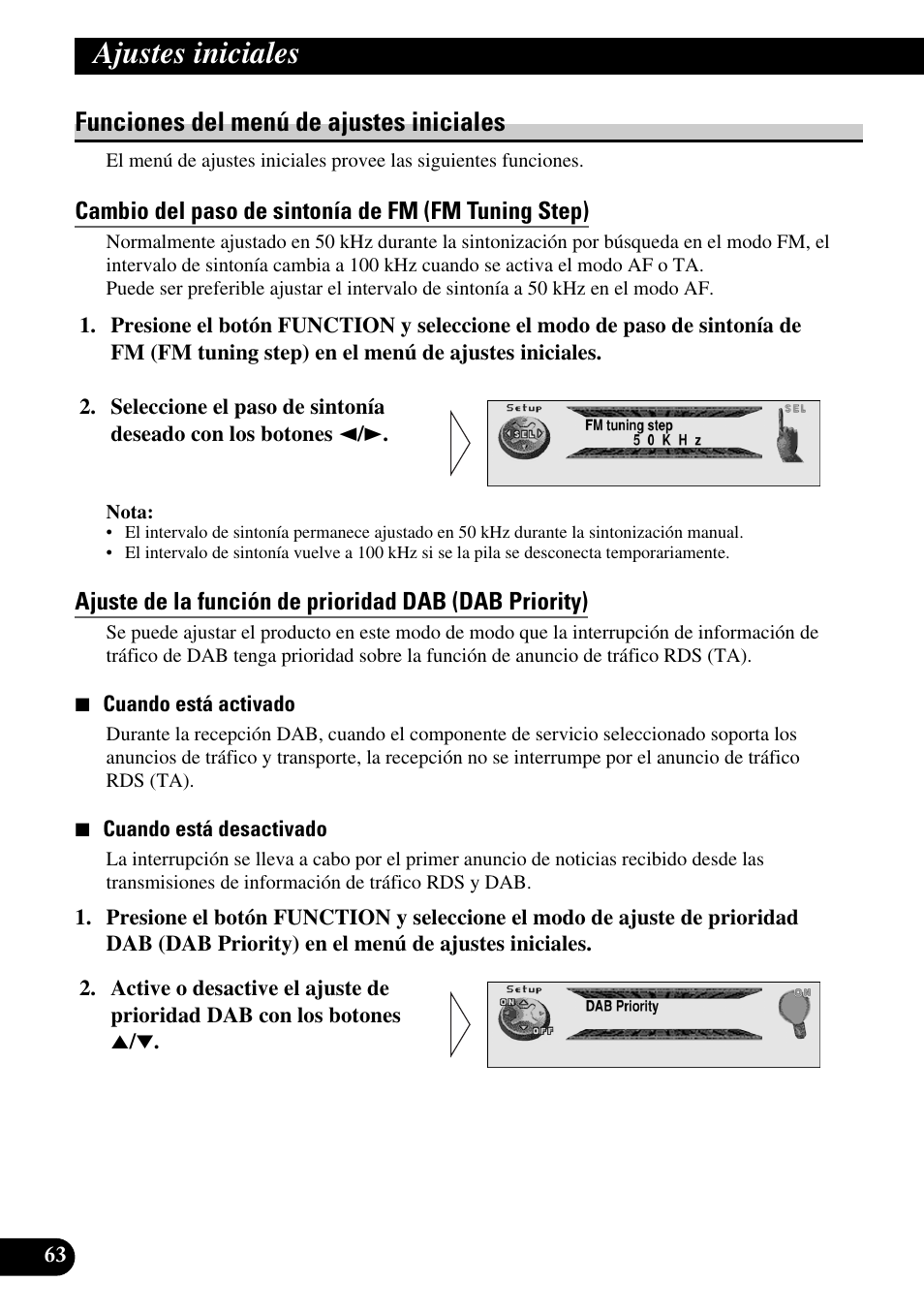 Funciones del menú de ajustes iniciales, Cambio del paso de sintonía de fm (fm tuning step), Ajustes iniciales | Pioneer DEH-P90DAB User Manual | Page 136 / 148