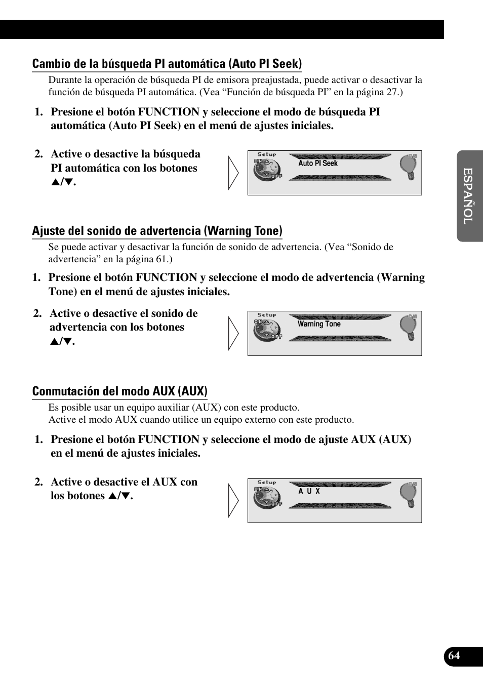 Cambio de la búsqueda pi automática (auto pi seek), Ajuste del sonido de advertencia (warning tone), Conmutación del modo aux (aux) | Pioneer DEH-P90DAB User Manual | Page 137 / 148