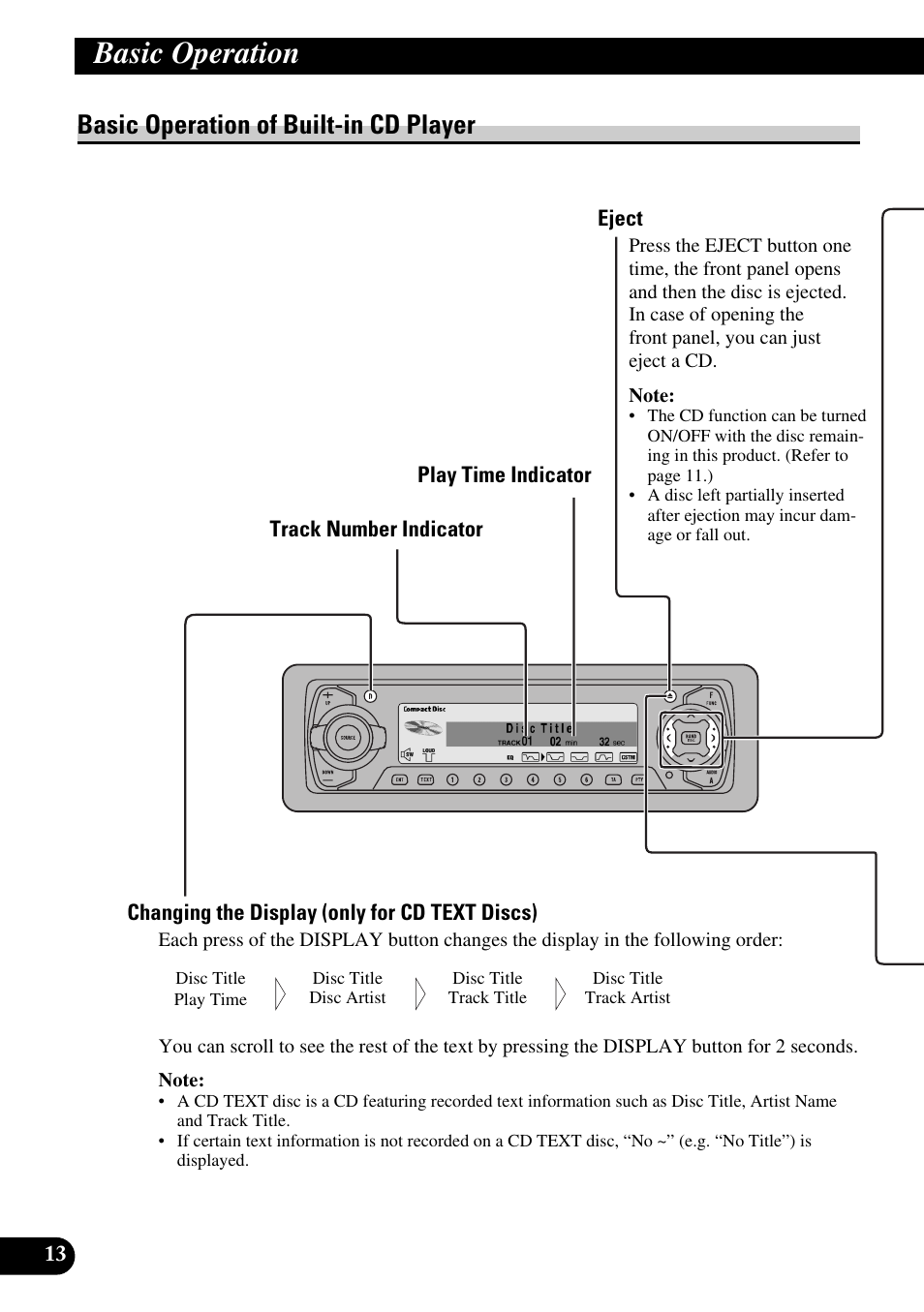 Basic operation of built-in cd player, Eject, Changing the display (only for cd text discs) | Basic operation | Pioneer DEH-P90DAB User Manual | Page 14 / 148
